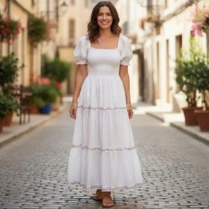 Rachel Zoe white smocked tiered maxi dress  with puffed sleeves